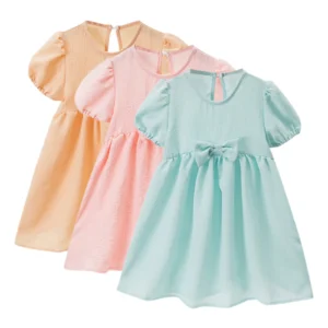 2-6 Years Kids Dresses Toddler Baby Girls Sundress Solid Color Bubble Sleeve Bowknot Princess Dress Summer Party Outfits Clothes