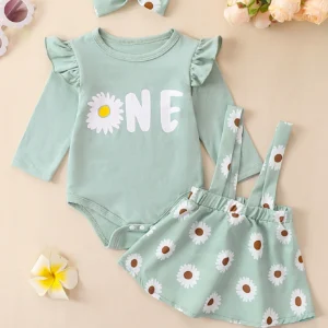 3PC Summer Baby Girl Long Sleeve Sunflower Hoodie Plus Halter Dress Plus Butterfly Headband 3 Piece Set
