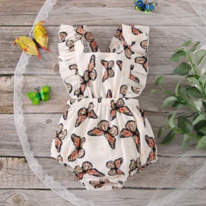 Baby Butterfly Print Ruffle Trim Square Neck Crisscross Back Bodysuit