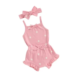 Baby Girls 3Pcs Summer Outfit Sleeveless Bow Romper Ruffle Shorts Headband Set Newborn Clothes