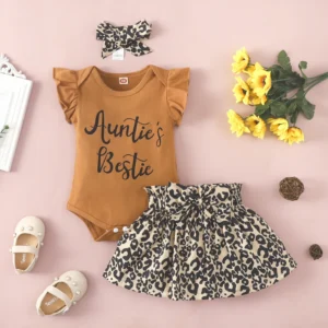 Baby Summer Clothing Newborn Infant Baby Girl Clothes Ruffled Sleeveless Jumpsuit+Leopard Skirt Headband 3Pcs Outfits
