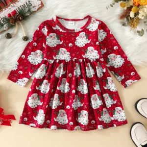 Christmas Girls Dresses Toddler Girls Autumn Long Sleeve Cartoon Santa Prints Princess Dress Chlidren Kids Xmas Cosplay Clothes