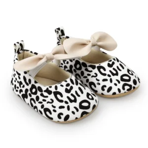 Fashion Baby Girls Mary Jane Flats Non-Slip Bowknot Princess Dress Shoes Leopard Crib Shoes for Infants