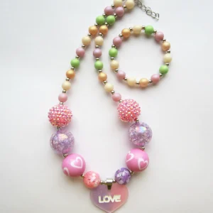 NEW Cute Girl Child Valentine's Day Gift To Baby Heart Charm Macaron Color Beads Toddler Bubblegum Necklace Bracelet Jewelry Set