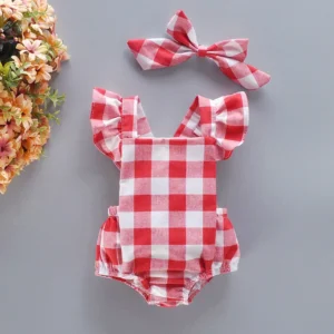 Newborn Summer Comfortable Crawling Clothes With Red Checkered Flying Sleeves Big Bow Wrapped Bottom Coat Suitable For 0-2 Year