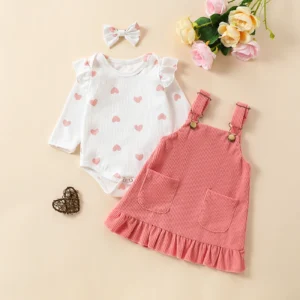 Summer Elegance: 3PCS Adorable Love Long Sleeves Suspender Dress Set - Comfortable, Medium-Stretch, Machine-Washable for Baby G