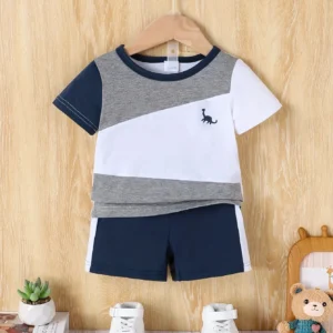 2-Piece Baby Boy Summer Leisure Sports Outdoor Breathable Comfort Color Patchwork Short Sleeve Shorts Set Small Dinosaur Pattern
