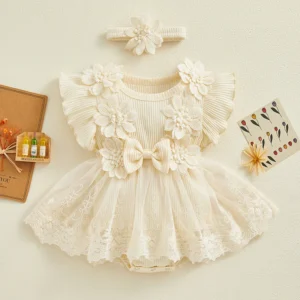Newborn Baby Girl Romper Dress Short Sleeve Mesh Tutu Dress Baby Girls Lace Mesh Dress Jumpsuits with Headband